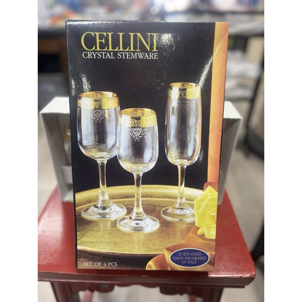 Set of 4 Cellini Crystal Stemware Wine Goblet‎ Glasses 24 KT Gold Hand Decorated